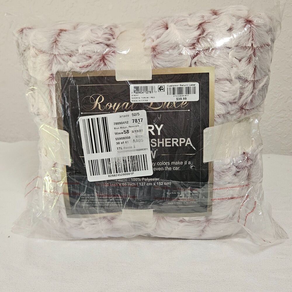 Royal Luxe Faux Fur Sherpa Throw Blanket 50x60 Ivory Red Soft Plush‎ Reversible